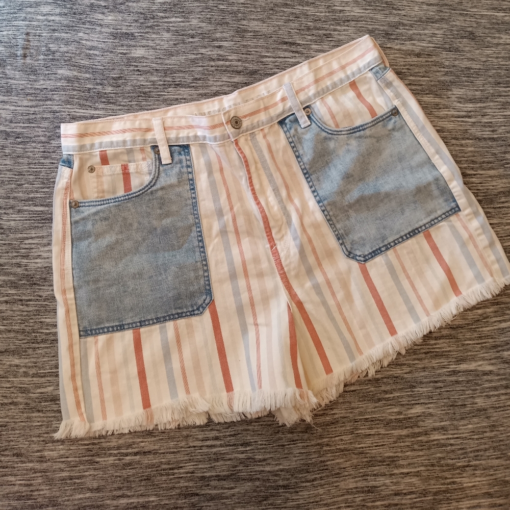 American Eagle | Striped Patchwork Mom Shorts Red… - image 1